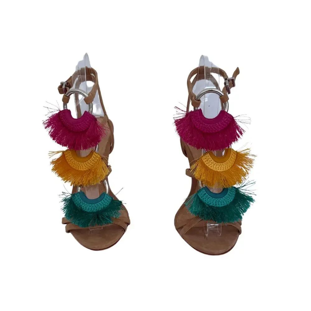 Schutz Capri Tassel Fringe Heels Multicolor Strappy Suede Sandals Size 6.5